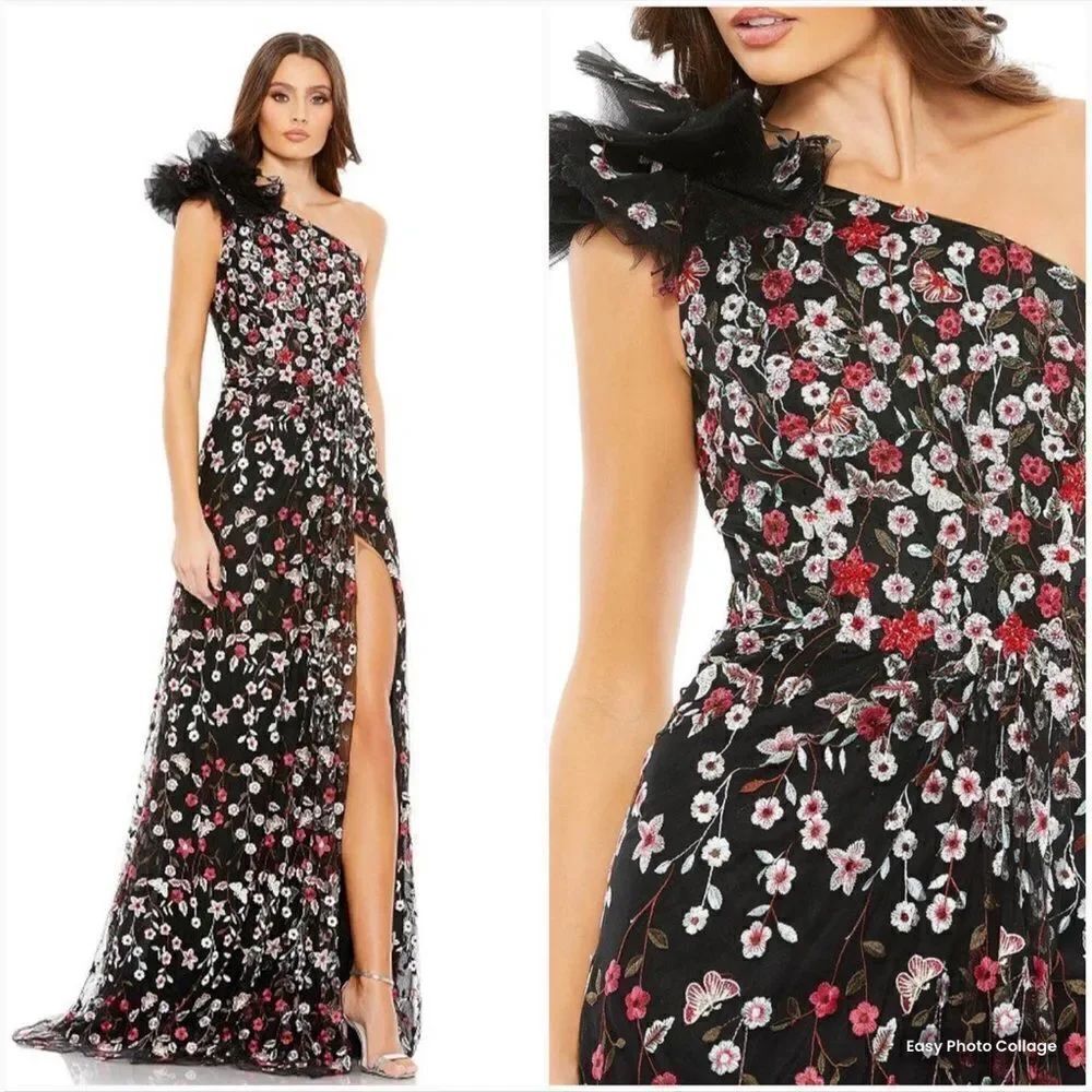 Mac Duggal 20331 EMBELLISHED RUFFLED ONE SHOULDER A LINE GOWN Black 12